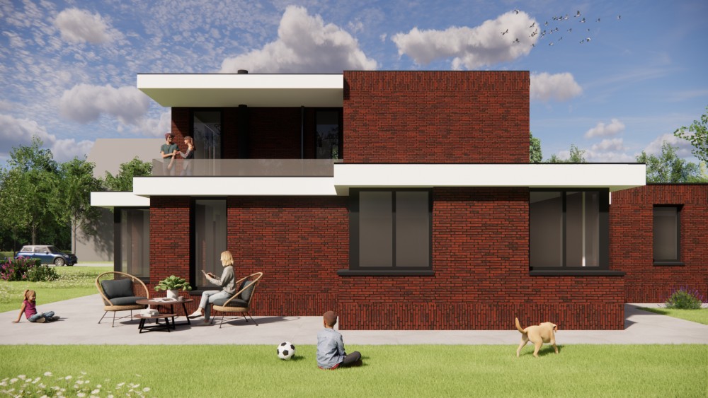 Afbeelding van Kubistische woning van donkerrood metselwerk met hoekkozijn en balkon - 5de84e53-b196-4dd2-b743-cf7ec4333a4b
