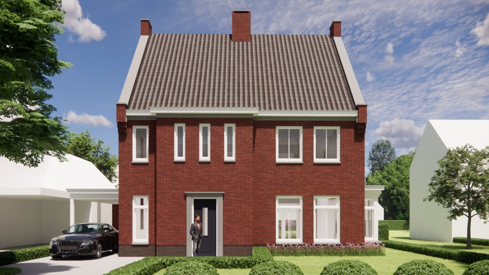 3D Render van vrijstaande jaren 30 woning met metselwerk en zadeldak met gegolfde dakpannen 5