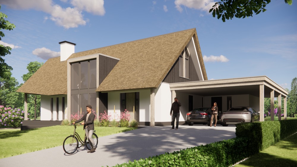 Afbeelding van Moderne vrijstaande woning met rieten zadeldak witte pleistergevel en houtaccenten - 700535c5-23ff-42ed-a736-87e5ef86d7f4