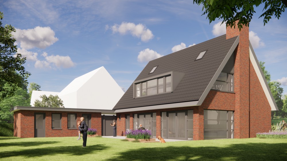 3D Render van moderne vrijstaande woning in metselwerk met zadeldak en vlakke dakpannen 10