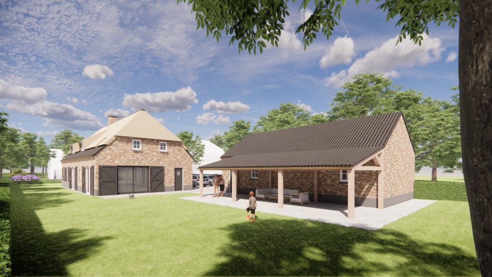 3D Render van vrijstaande landelijke woning met rieten wolfsdak en bruine metselwerkgevel 4