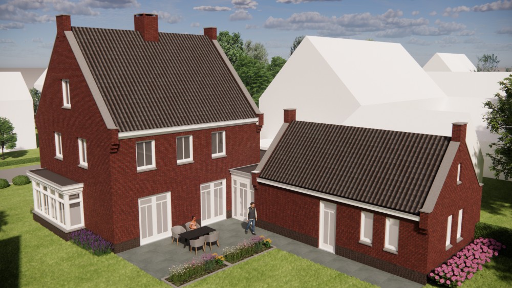 3D Render van vrijstaande jaren 30 woning met metselwerk en zadeldak met gegolfde dakpannen 8