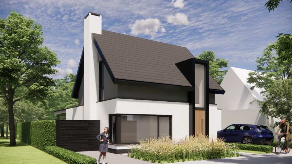 Afbeelding van Vrijstaande moderne woning met wit gekeimd metselwerk, zadeldak met vlakke dakpan en houtaccenten - f75c5dcc-bdbe-4c90-86a9-08cd5fe25a27