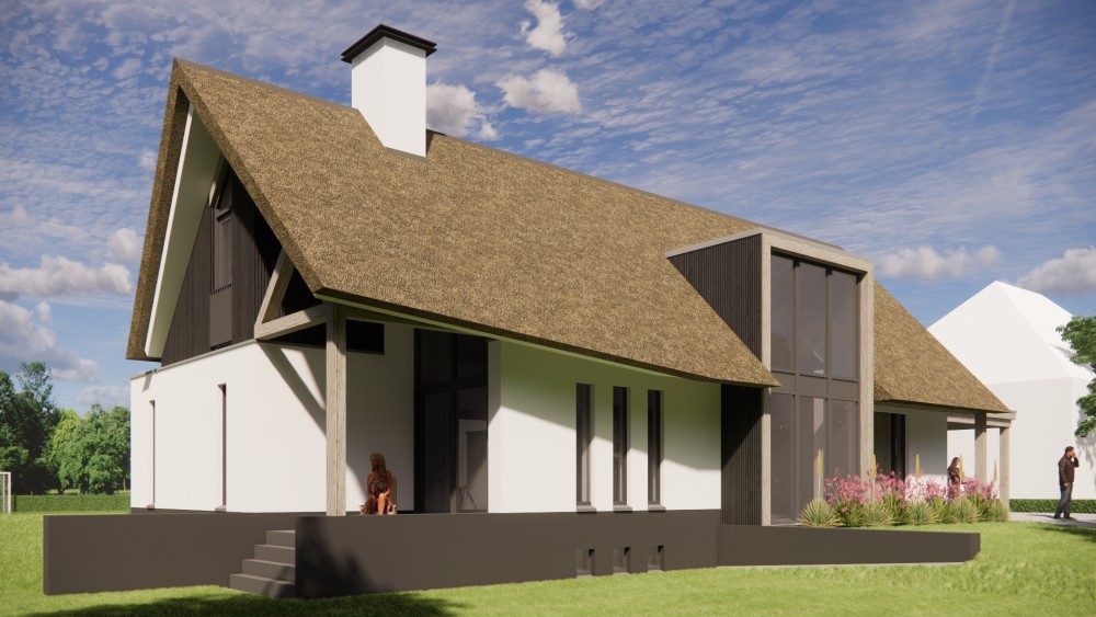 Afbeelding van Moderne vrijstaande woning met rieten zadeldak witte pleistergevel en houtaccenten - 700535c5-23ff-42ed-a736-87e5ef86d7f4