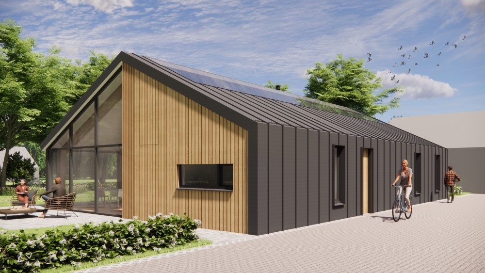 Afbeelding van Schuurwoning met houten gevel en donker felsplaten zadeldak - 581e5484-71c2-406f-92f6-f5e5f79a14bd