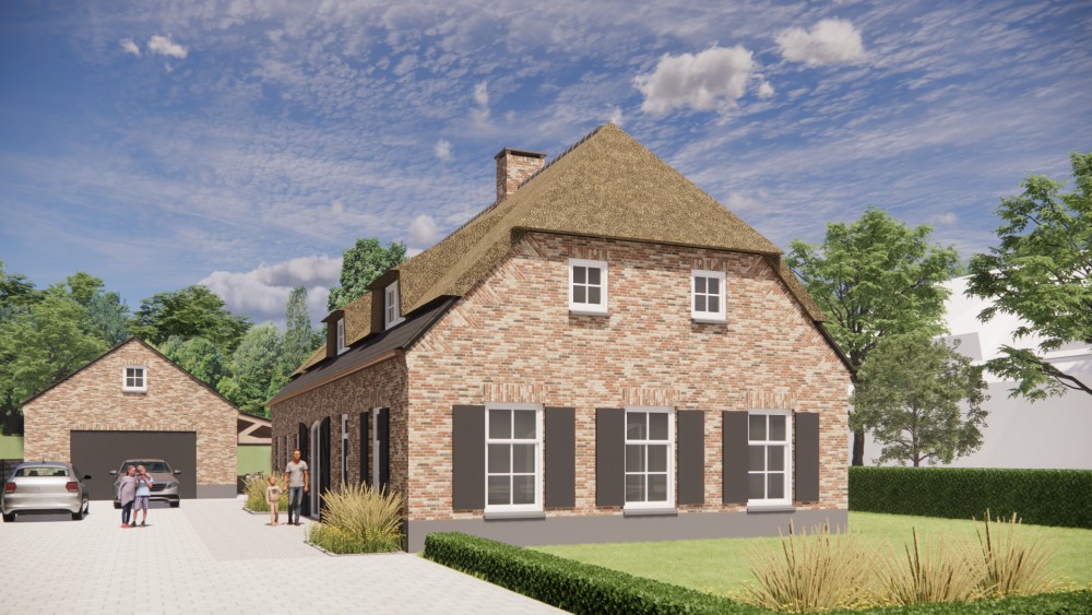 3D Render van vrijstaande landelijke woning met rieten wolfsdak en bruine metselwerkgevel 4