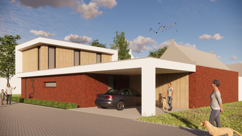 Afbeelding van Kubistische woning met wit pleisterwerk, houtaccenten en strak vormgegeven buitenruimte - 79a2baf9-4826-4fd7-a007-6247e070dc71