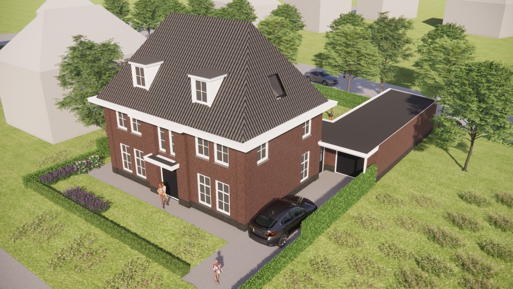 3D Render van notariswoning met metselwerk gevels, dakkapellen en gegolfd schilddak 7