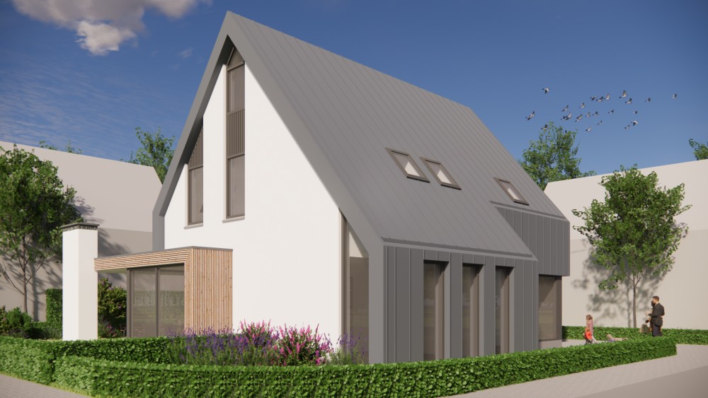 Afbeelding van Moderne woning met metalen zadeldak en houten accenten - 8a085f8e-325d-4803-9410-917150256d36