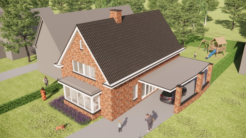 3D Render van traditionele jaren 30 woning met metselwerk gevel, dakkapel en zadeldak met dakoverstek 8