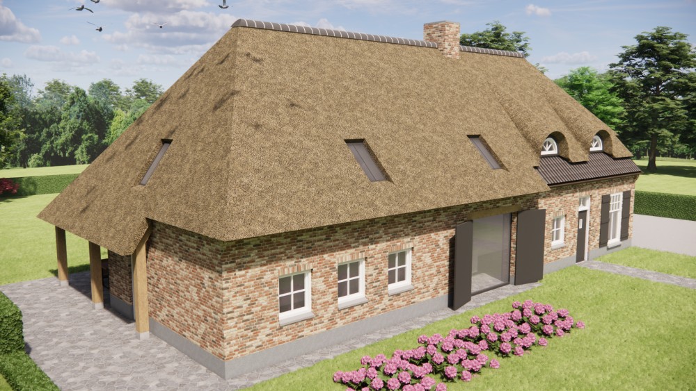 3D Render van vrijstaande boerderij met beige metselwerk, dakkapel en luiken 4