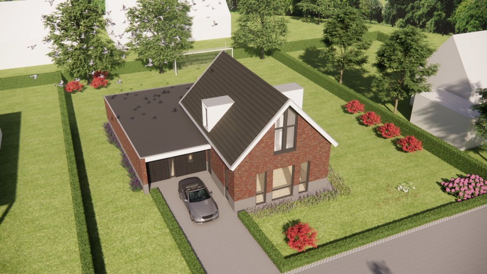 3D Render van moderne woning met zadeldak, rood metselwerk en vlakke dakpannen 9