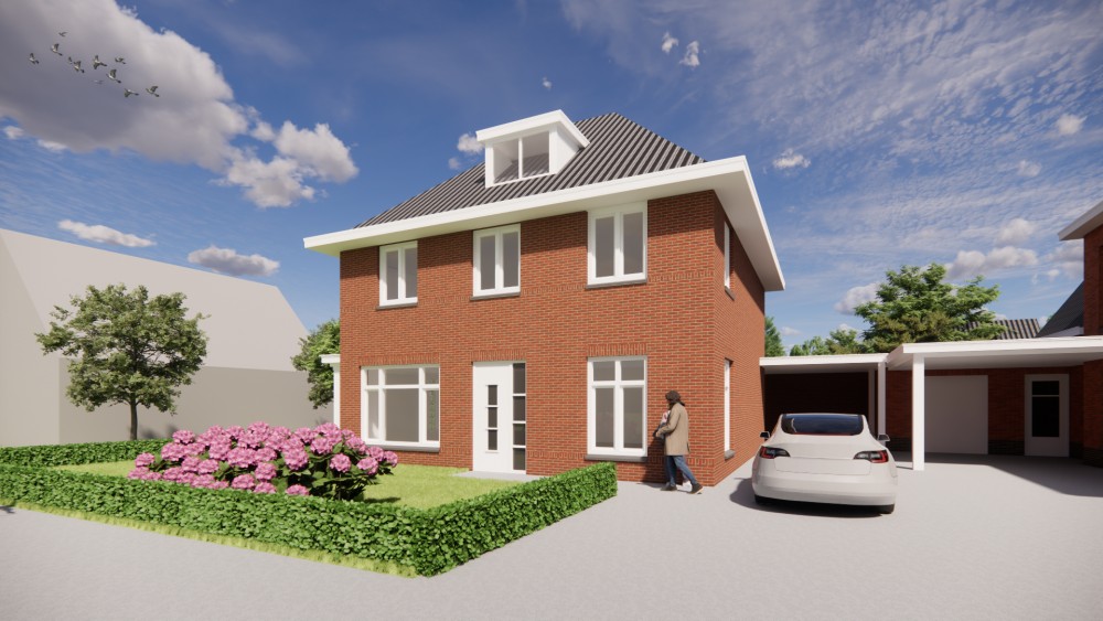 3D Render van notariswoning in jaren 30 stijl met metselwerkgevel en klassiek schilddak 2
