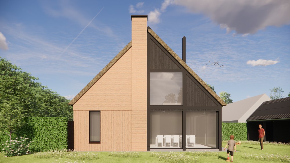3D Render van rietgedekte schuurwoning met bakstenen gevel en houten details 5