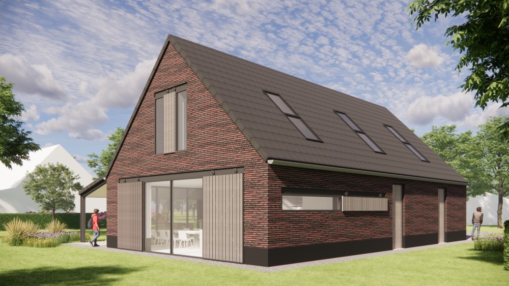 3D Render van vrijstaande schuurwoning met metselwerk gevels en zadeldak met vlakke dakpan 6