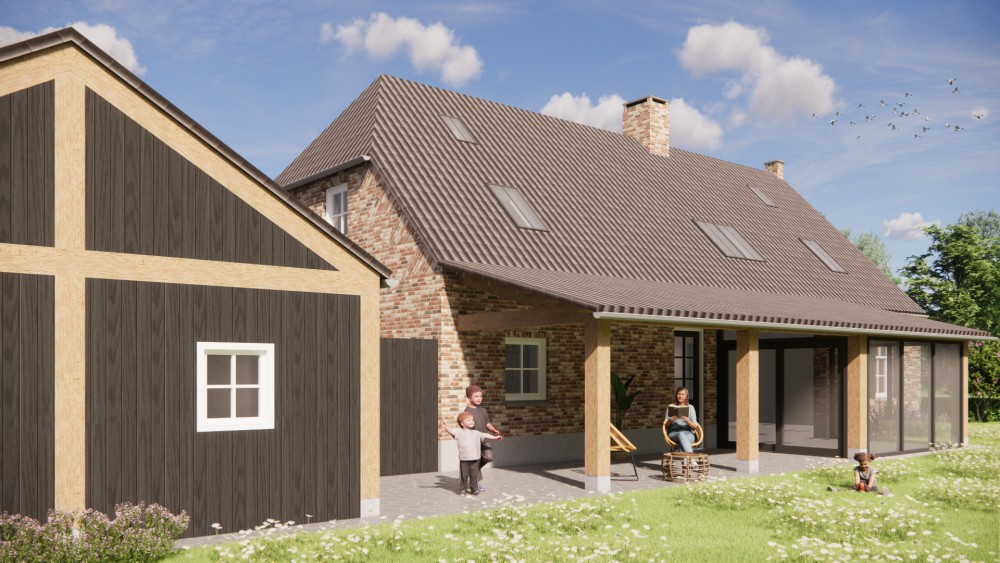 Afbeelding van Traditionele boerderijwoning met wolfsdak en houten luiken - 53502bc9-22ca-4cf1-a32b-189b03f659b4