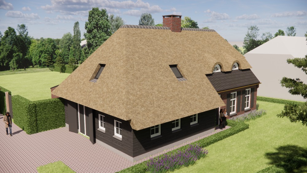 3D Render van landelijke boerderijwoning met rieten dak en metselwerkgevels 6