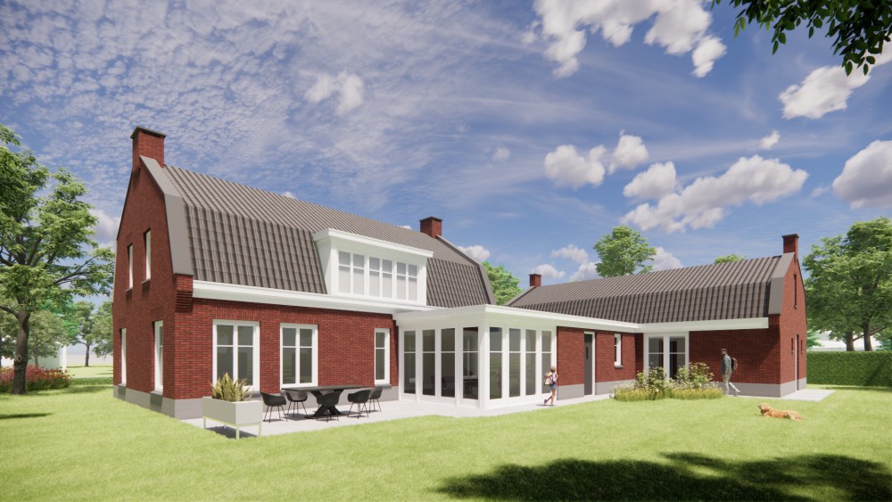 Afbeelding van Vrijstaand woonhuis in jaren 30 stijl met metselwerkgevel en mansardedak met gegolfde dakpannen - a1b05a39-d450-46d2-a28d-c14f6d30eb31