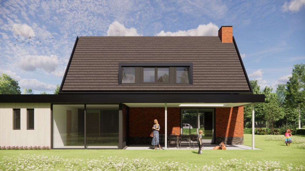 3D Render van landelijke woning met metselwerk gevels, houten accenten en overdekt terras 5