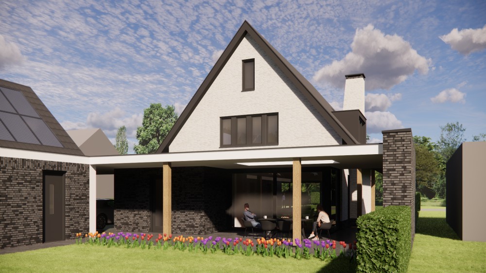 Afbeelding van Moderne vrijstaande woning met gekeimd metselwerk en zadeldak met vlakke dakpan - 68e30eed-b98f-445e-a02e-211ac03f5733