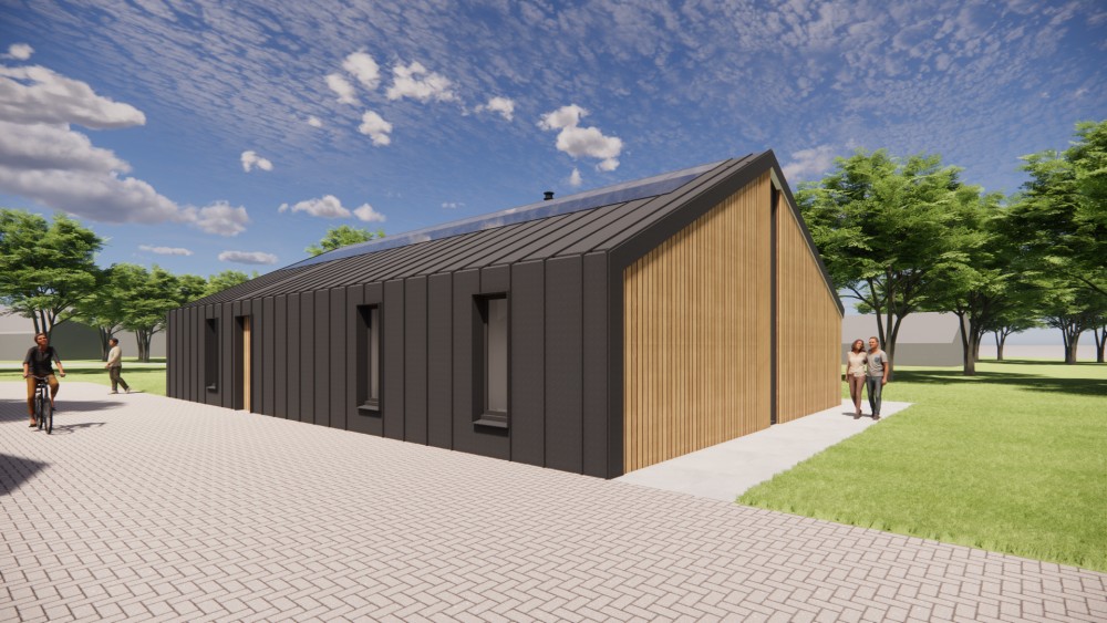 3D Render van schuurwoning met houten gevel en donker felsplaten zadeldak 4