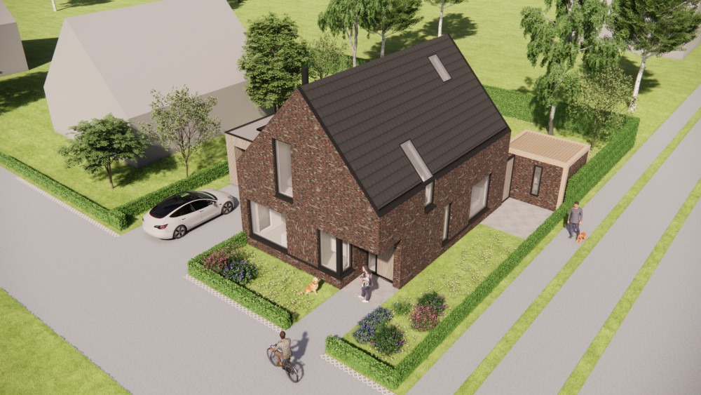 3D Render van moderne woning met metselwerk gevels, hoekkozijnen en houten accenten 8