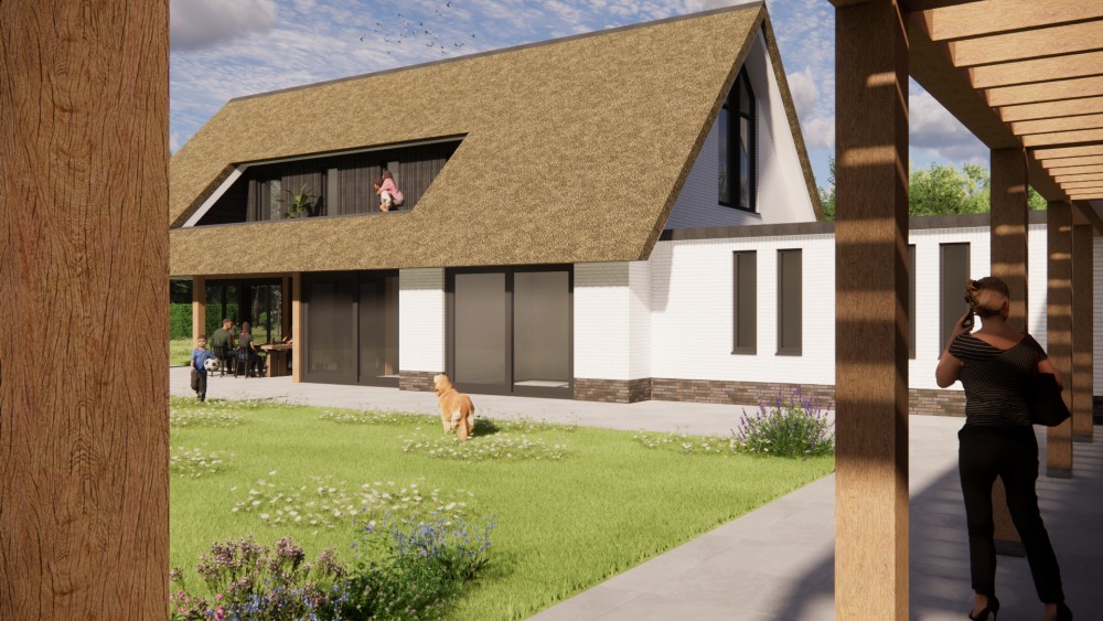 Afbeelding van Moderne L-vormige woning met rieten zadeldak en gekeimde gevels - 1c6a0366-39c2-4c5e-9de1-43f281d360f8