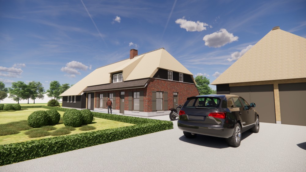 3D Render van traditionele boerderijwoning met rieten wolfsdak en gevel van hout en metselwerk 5