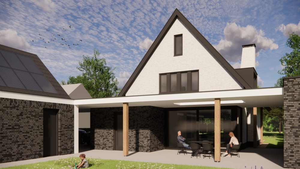 Afbeelding van Moderne vrijstaande woning met gekeimd metselwerk en zadeldak met vlakke dakpan - 68e30eed-b98f-445e-a02e-211ac03f5733
