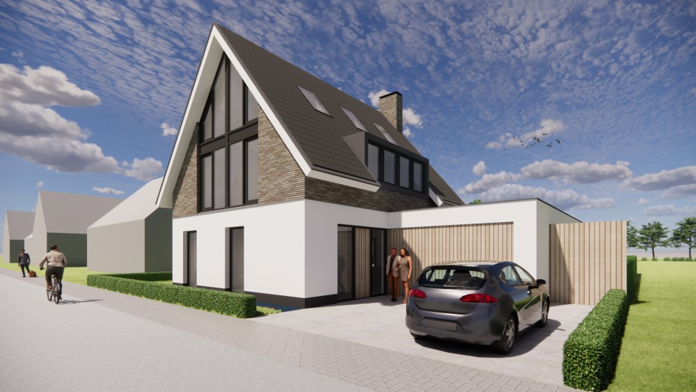 Afbeelding van Woning met wit stucwerk, houten accenten en overstekend zadeldak - 9f322150-9345-4a07-b722-9e94f3242671