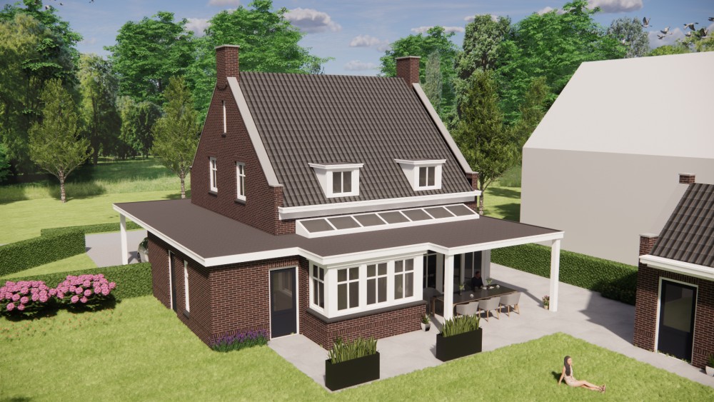3D Render van vrijstaande jaren 30 nieuwbouw met metselwerkgevel, zadeldak en dakkapel 8