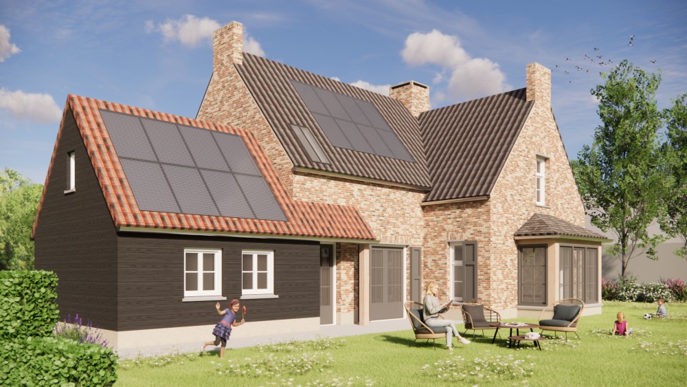 Afbeelding van Kempisch woonhuis met metselwerk gevel en zwarte aanbouw met rode dakpannen - 6c97d45f-f7f4-4ea5-a085-704e0d99673a