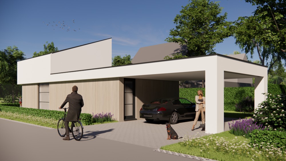 3D Render van moderne woning met houten gevels, wit pleisterwerk en lessenaarsdak 6