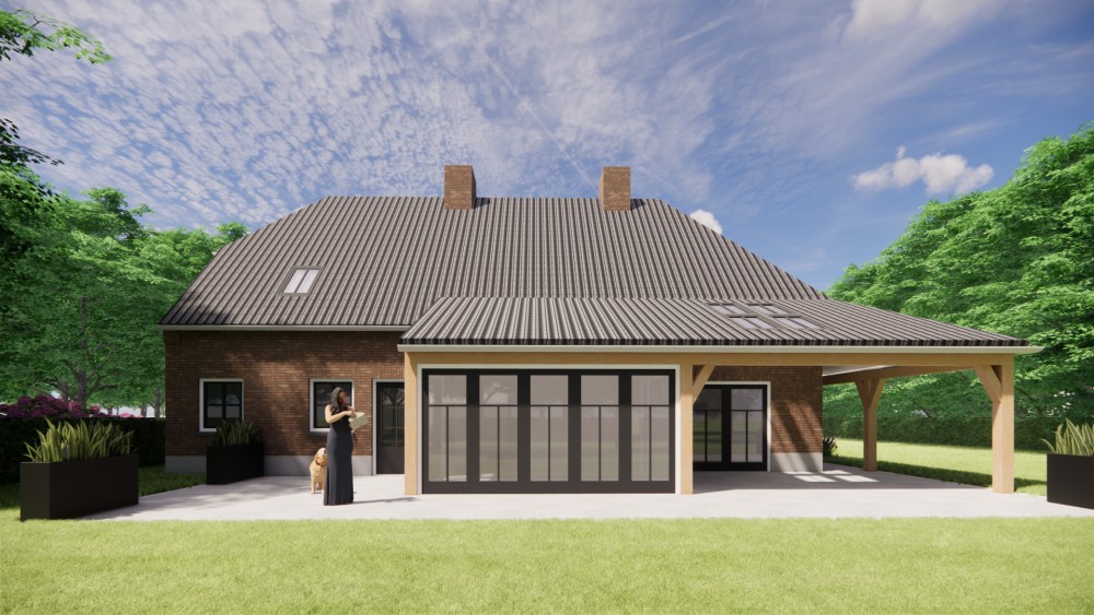 3D Render van landelijke boerderijwoning in metselwerk met wolfsdak met gegolfde dakpannen en houten accenten 6