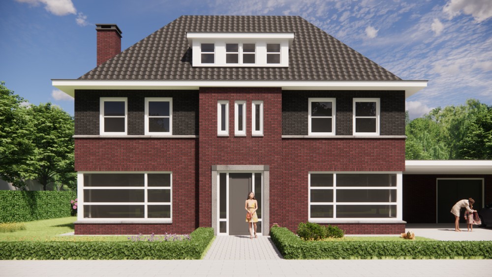 3D Render van vrijstaande jaren 30 notariswoning met metselwerk gevel en schilddak met gegolfde dakpannen 8