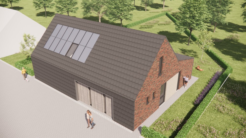 3D Render van schuurwoning met zadeldak, donkere gevelsteen en houten accenten 8