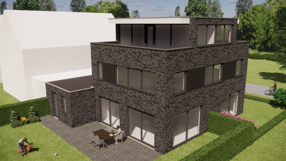 3D Render van kubistische vrijstaande woning met zwart en grijs metselwerk, plat dak en dak overstek 7