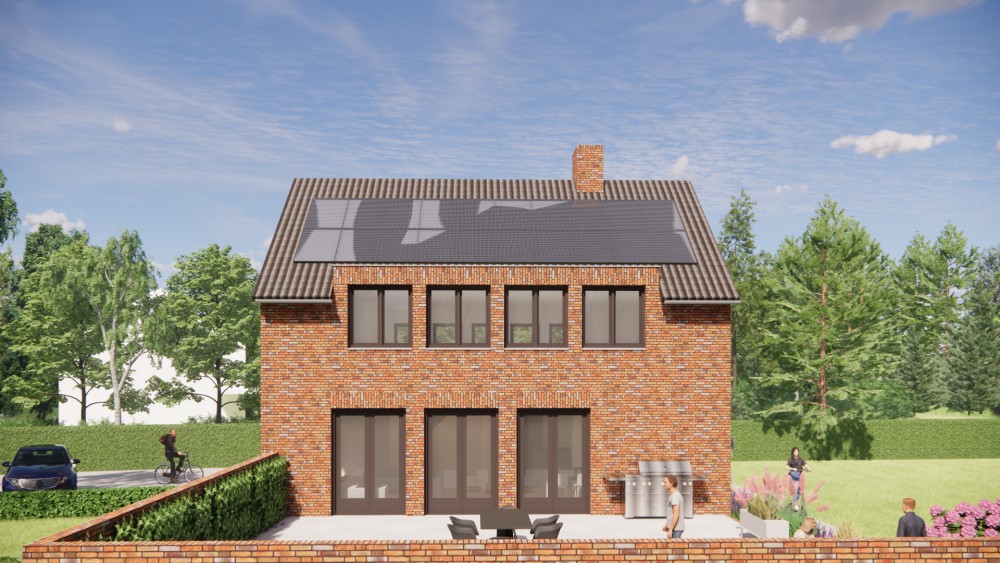 3D Render van woning met zadeldak in gegolfde dakpannen en roodbruin metselwerk met dakkapel 7