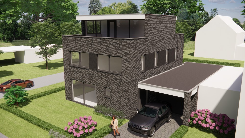 3D Render van kubistische vrijstaande woning met zwart en grijs metselwerk, plat dak en dak overstek 8