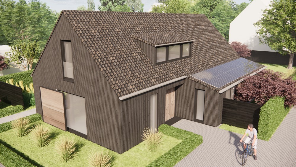 3D Render van schuurwoning met houten gevels en zadeldak met gegolfde dakpannen 8