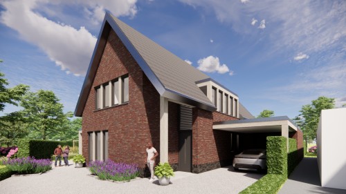 Afbeelding van Moderne vrijstaande woning met metselwerk gevels en zadeldak met vlakke dakpannen - 19ad7d62-5ae7-4e72-ba8a-a8bdb4e65ebe