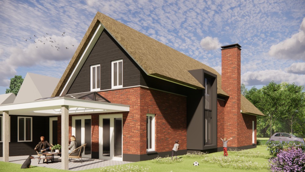 Afbeelding van Traditionele woning met rieten kap en warmrode bakstenen gevel - f7e6ac0f-880c-47d1-8bdb-9b40b393f96f