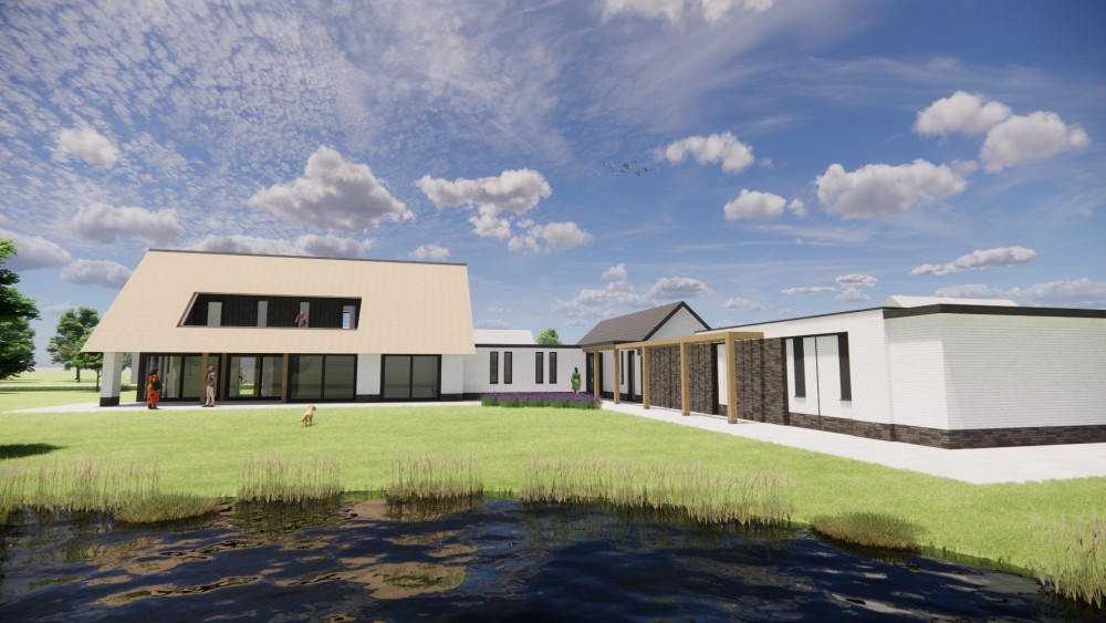 3D Render van moderne L-vormige woning met rieten zadeldak en gekeimde gevels 7