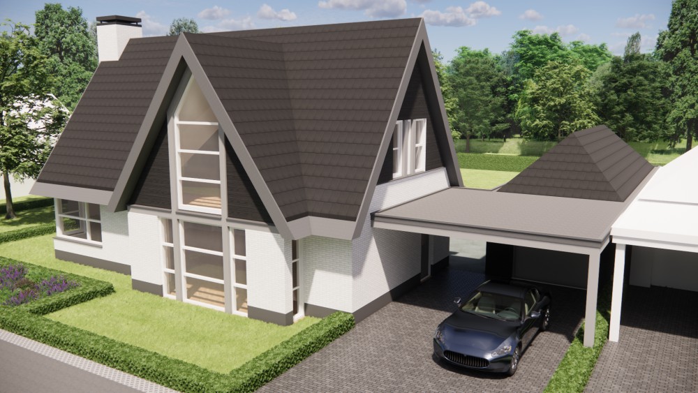 3D Render van vrijstaande moderne woning met wit en zwart metselwerk en zadeldak met vlakke dakpannen 6