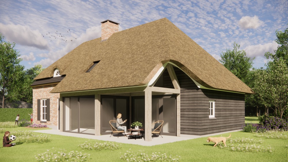 Afbeelding van Landelijke boerderij met rieten wolfsdak en bruine metselwerk gevels - 2bfc8f0c-3669-4597-8512-de12252fffd0