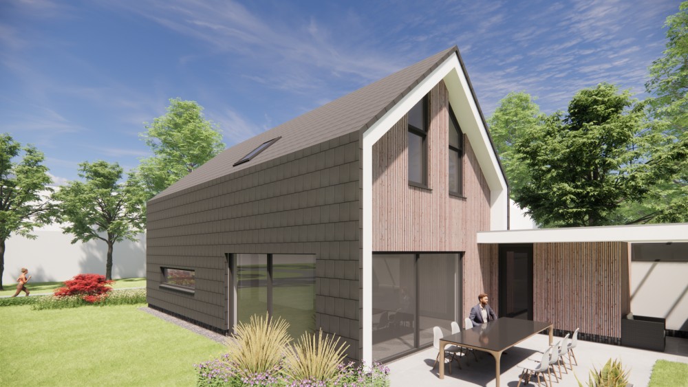 3D Render van eigentijdse schuurwoning met zadeldak bruine houten gevel en vlakke dakpannen 7