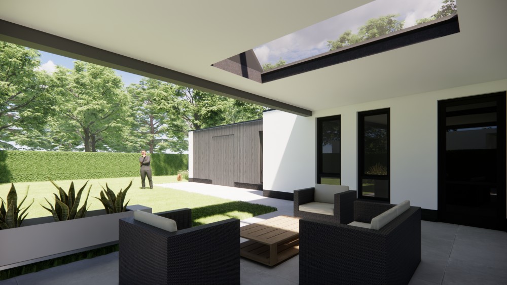 3D Render van vrijstaande moderne woning met wit gekeimd metselwerk, zadeldak met vlakke dakpan en houtaccenten 4