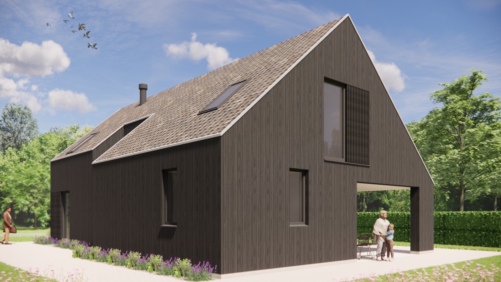 3D Render van landelijke schuurwoning met houten gevel, zadeldak en buiten shutters 6