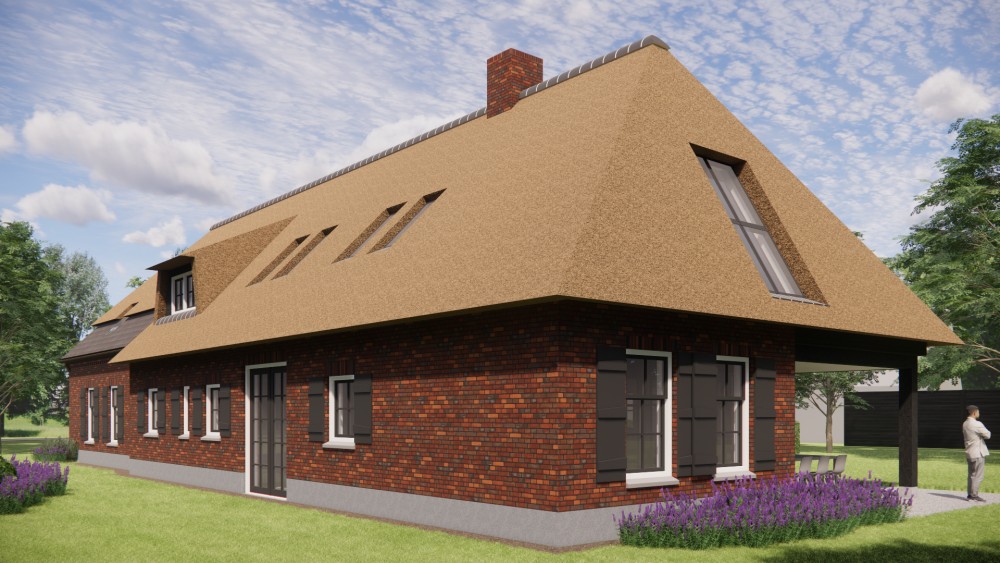 3D Render van rietgedekte landelijke woning met rood metselwerk en houten accenten 4
