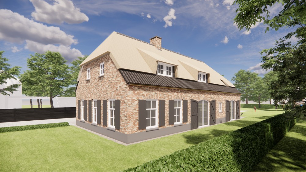3D Render van vrijstaande landelijke woning met rieten wolfsdak en bruine metselwerkgevel 6
